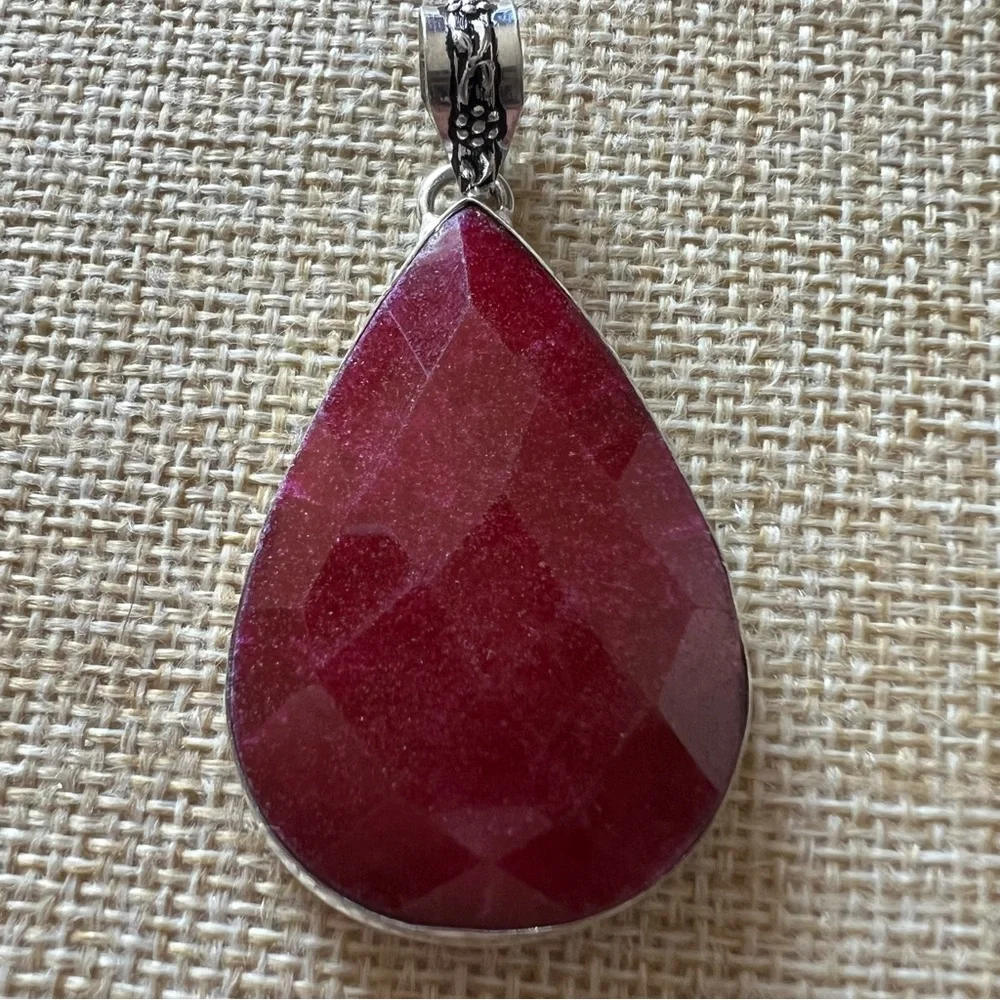 New Faceted Enhanced Ruby Stone Silver Overlay Pendant with Cord - Picture 2 of 5